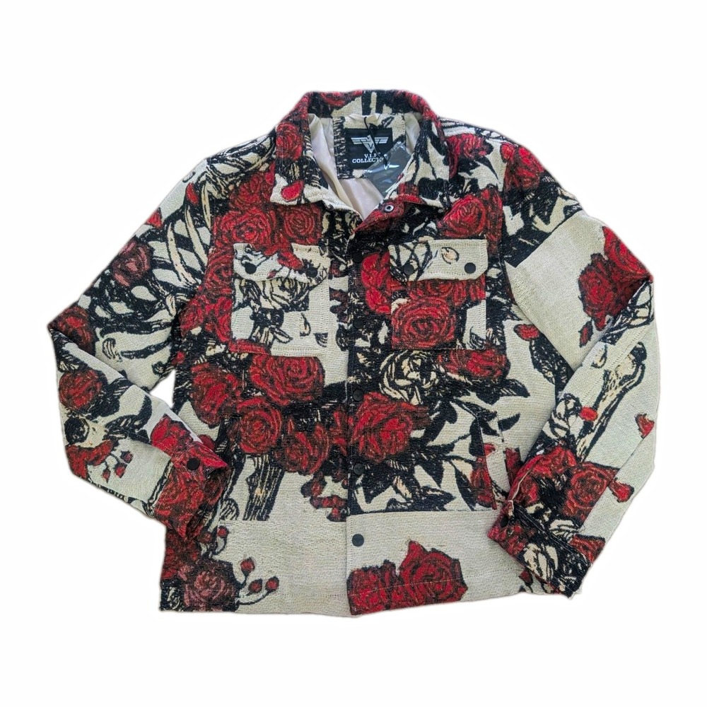 V.I.P. Collection Men's Jacket M Beige Red Black Rose Floral Button Pockets